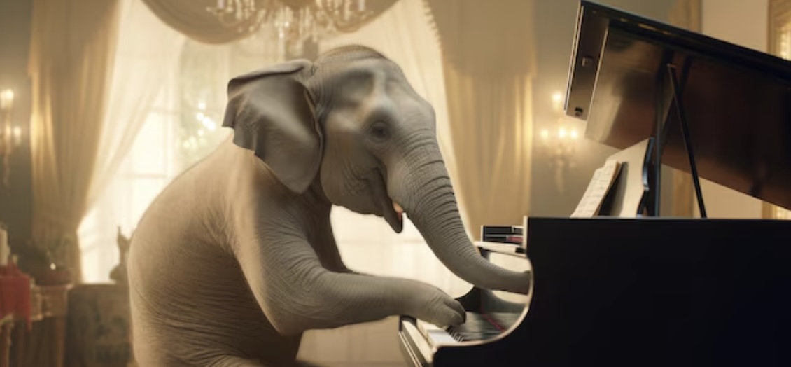 AI of an elephant playing a piano